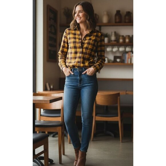 BKE Womens Yellow & Black Plaid Button-Up Shirt With Studded Collar M - Picture 1 of 4